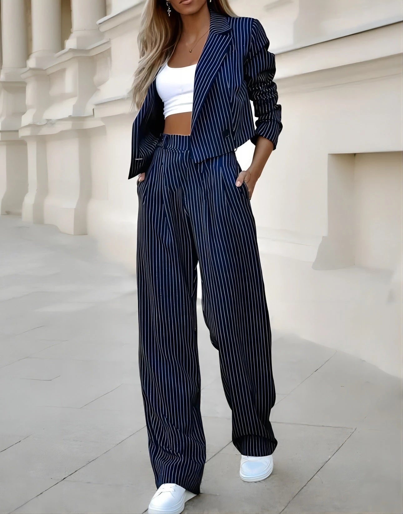 Fashion Striped Suits Casual Lapel Long Sleeve Cropped Top And Straight Pants Outfits Women's Clothing 