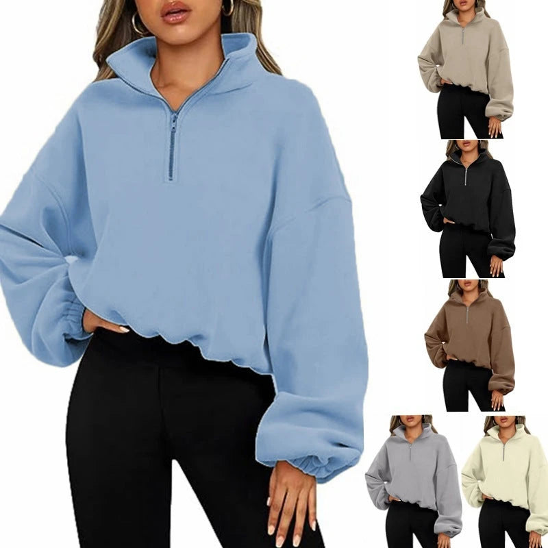 Loose Sport Pullover Hoodie Women Winter Solid Color Zipper Stand Collar Sweatshirt Thick Warm Clothing 