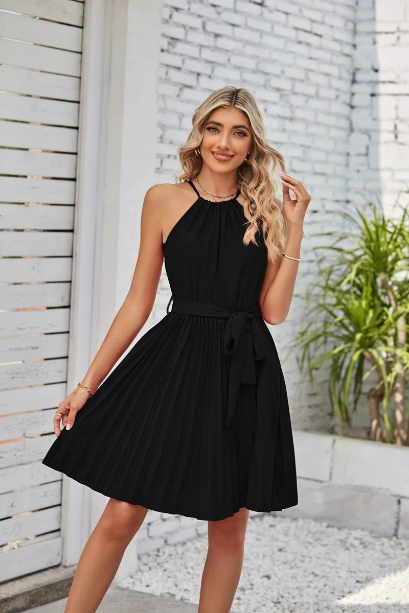 Halter Strapless Dresses For Women Solid Pleated Skirt Summer Beach Sundress 