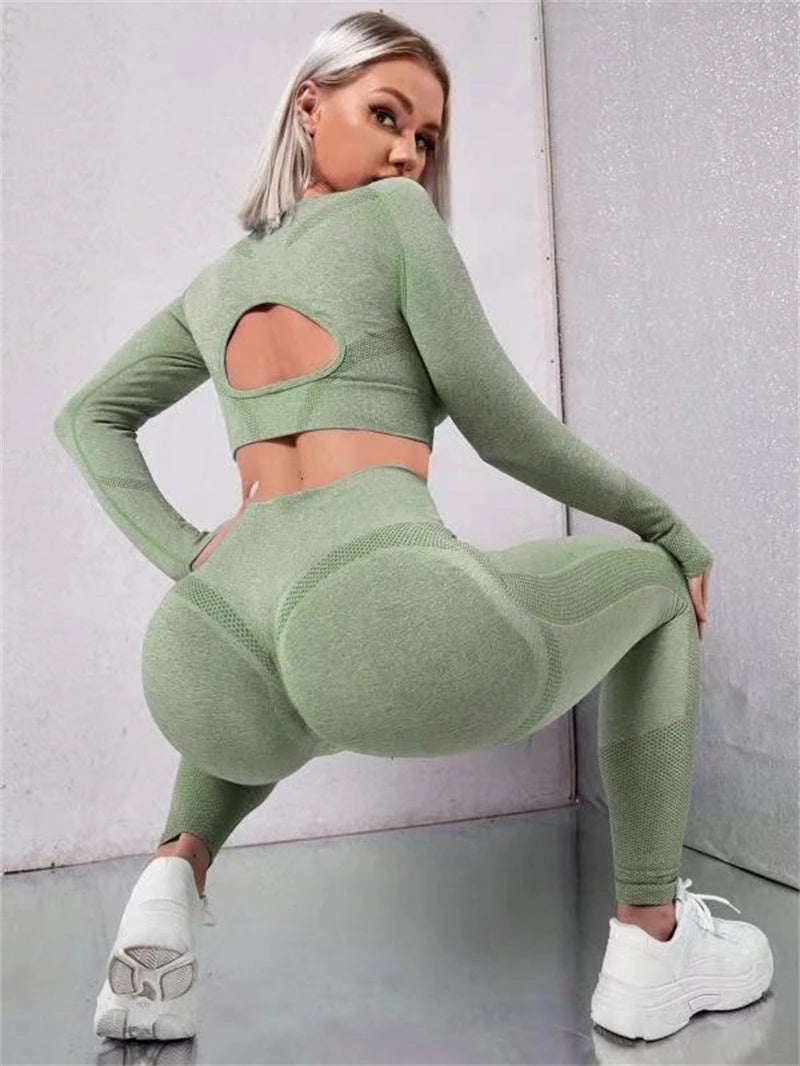 2pcs Sports Suits Long Sleeve Hollow Design Tops And Butt Lifting High Waist Seamless Fitness Leggings Sports Gym Sportswear Outfits Clothing 