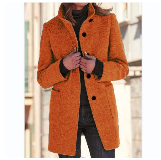 Fashion Stand Collar Woolen Coat With Pockets Fall Winter Casual Button Outwear For Women Clothing 