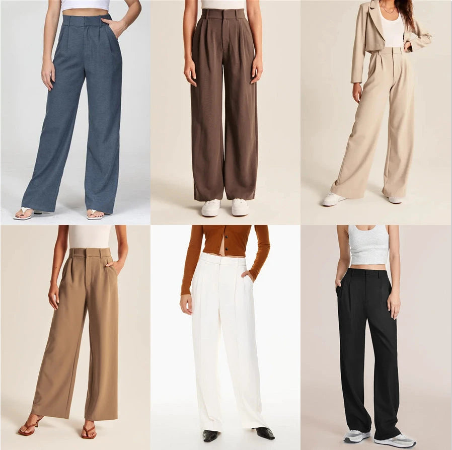 High Waist Straight Trousers With Pockets Wide Leg Casual Pants For Women 