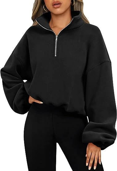 Loose Sport Pullover Hoodie Women Winter Solid Color Zipper Stand Collar Sweatshirt Thick Warm Clothing 