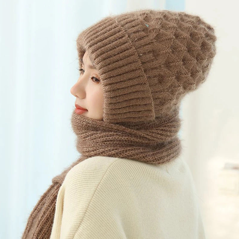 Women's Fleece-lined Scarf And Hat Winter Warm Knitted Hat Scarf 