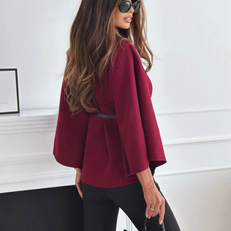 New Stand Collar Batwing Sleeves Cloak Top With Belt Ins Fashion Temperament Jacket Woolen Sweater Outwear For Women Clothing 