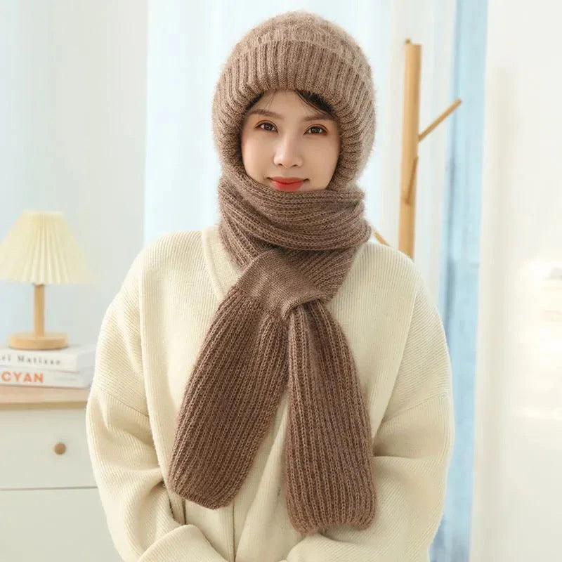 Women's Fleece-lined Scarf And Hat Winter Warm Knitted Hat Scarf 