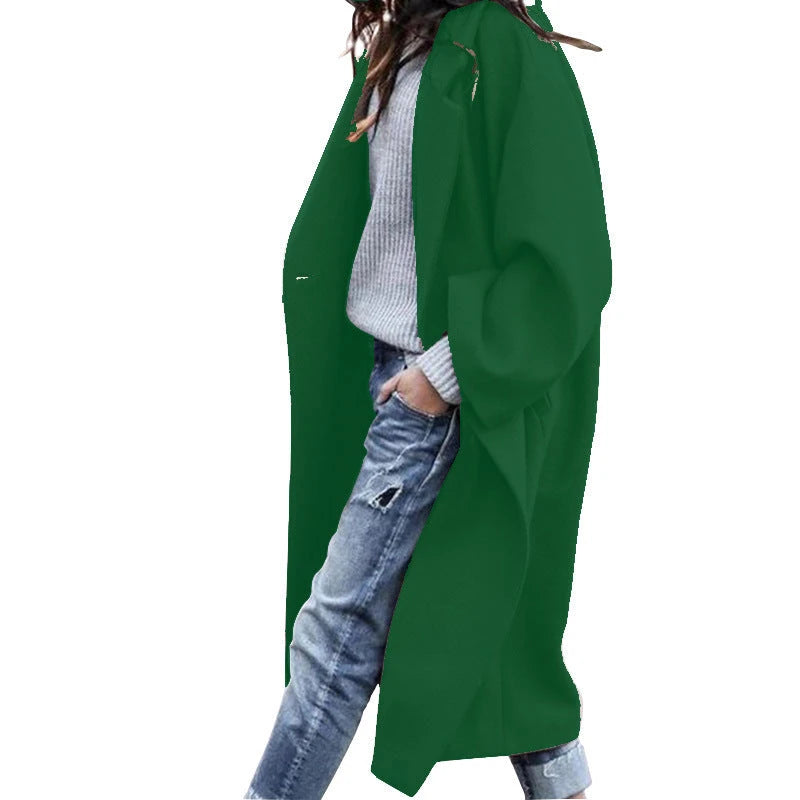 Casual Long Jacket With Pockets Solid Color Single Breasted Lapel Woolen Coat For Women Warm Winter Clothing 