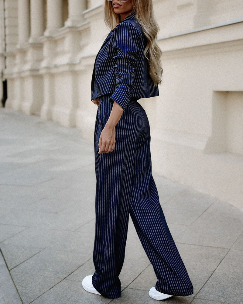 Fashion Striped Suits Casual Lapel Long Sleeve Cropped Top And Straight Pants Outfits Women's Clothing 