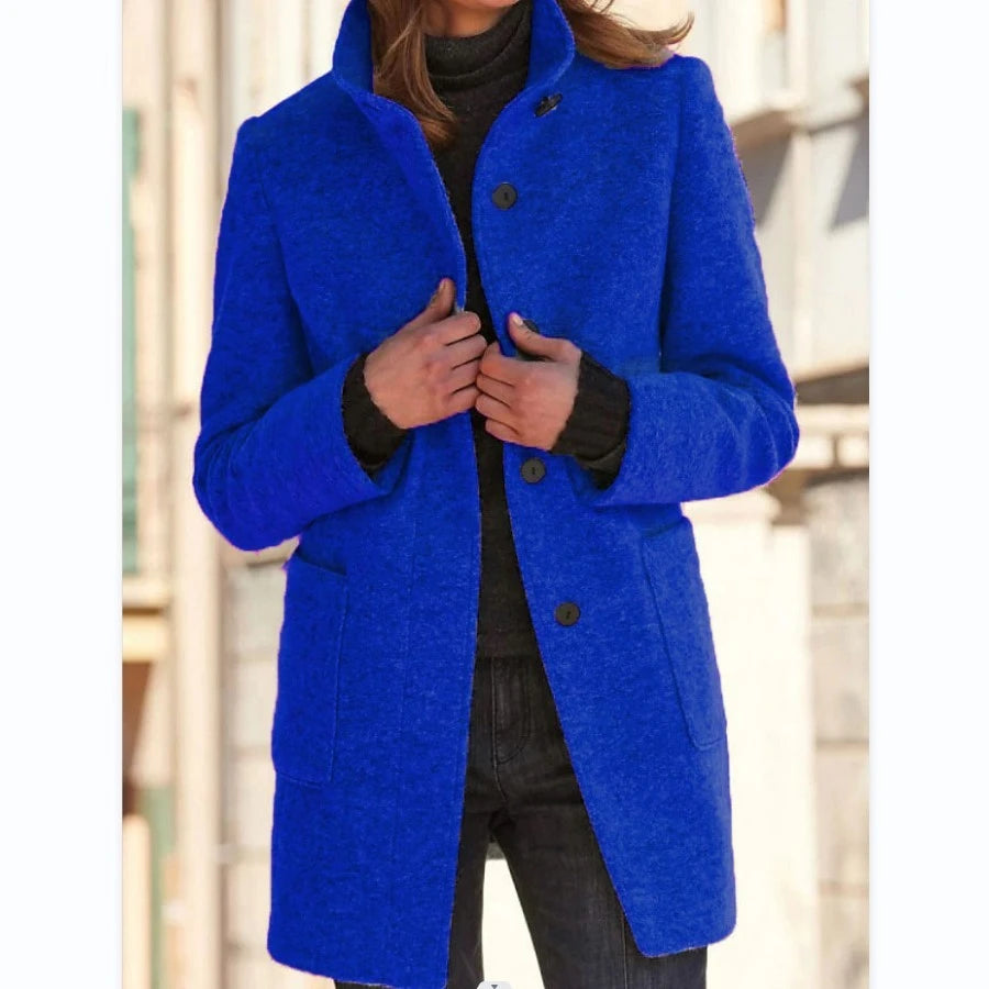 Fashion Stand Collar Woolen Coat With Pockets Fall Winter Casual Button Outwear For Women Clothing 