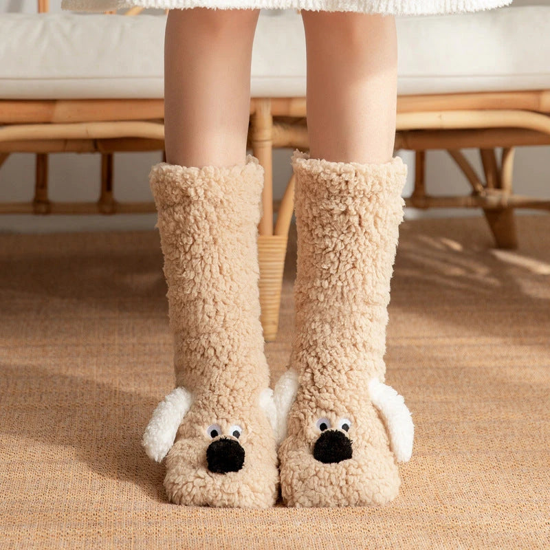 Cute Cartoon Dog Floor Socks Winter Warm Non-slip Plush Socks For Women 