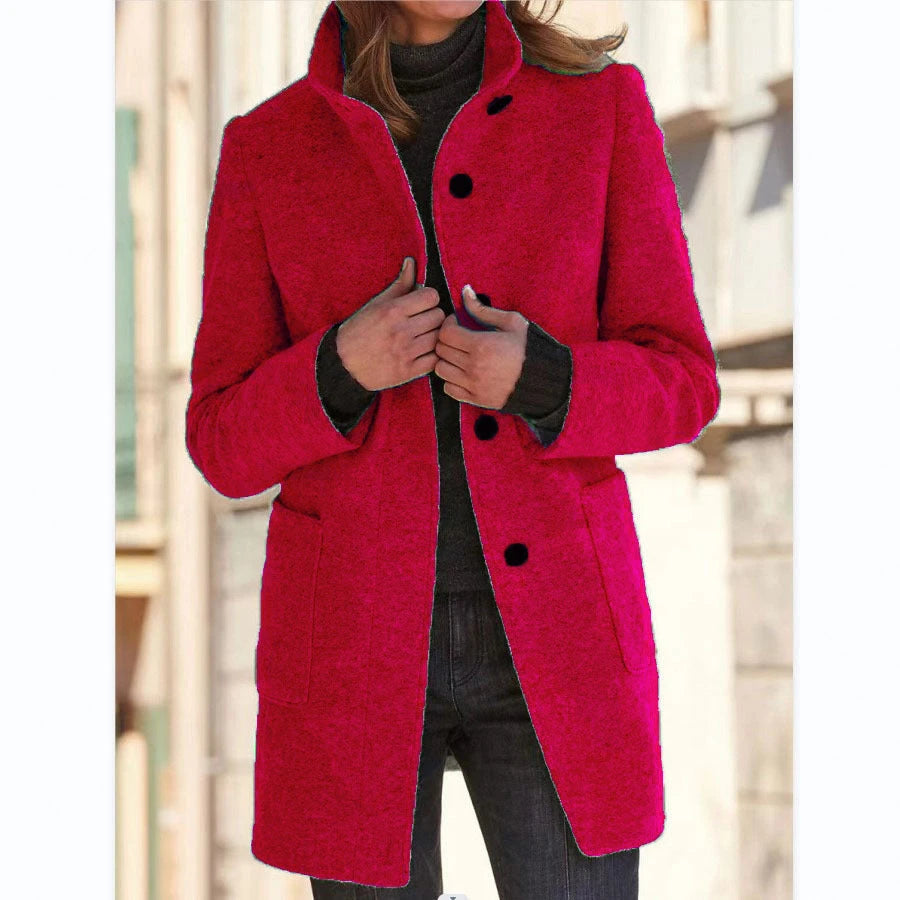 Fashion Stand Collar Woolen Coat With Pockets Fall Winter Casual Button Outwear For Women Clothing 