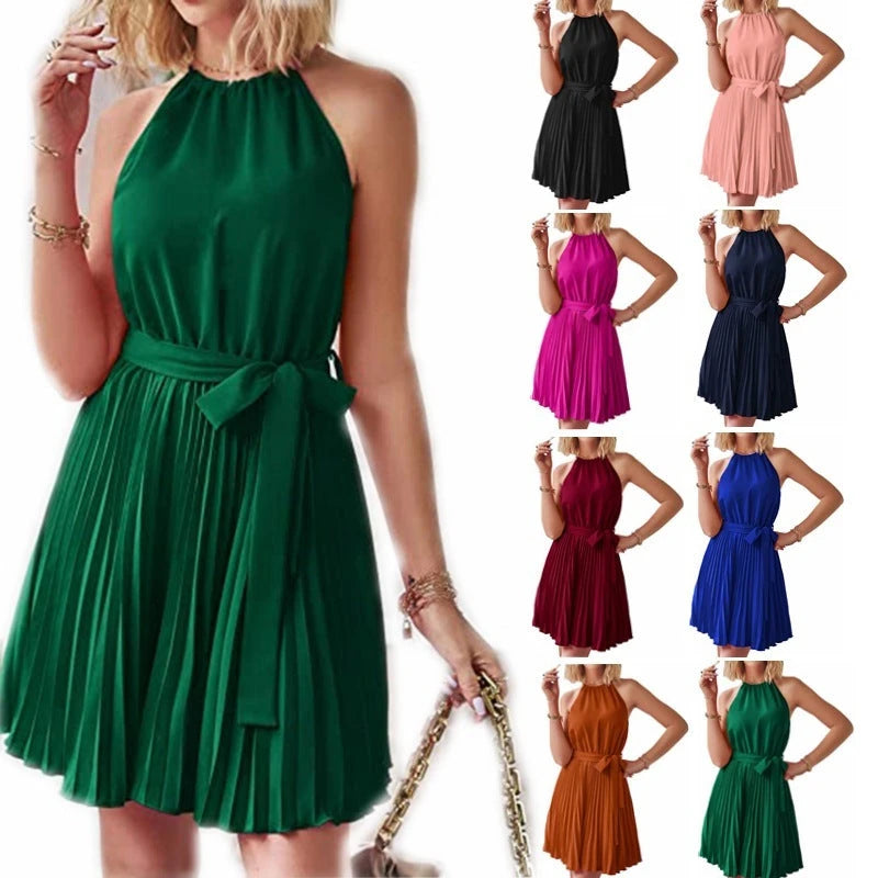 Halter Strapless Dresses For Women Solid Pleated Skirt Summer Beach Sundress 