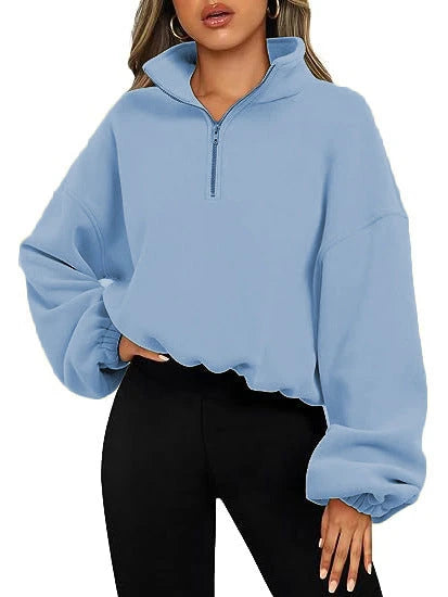 Loose Sport Pullover Hoodie Women Winter Solid Color Zipper Stand Collar Sweatshirt Thick Warm Clothing 