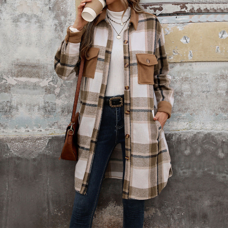 New Brushed Plaid Long Coat With Pockets Fashion Winter Jacket Outwear Women's Clothing 