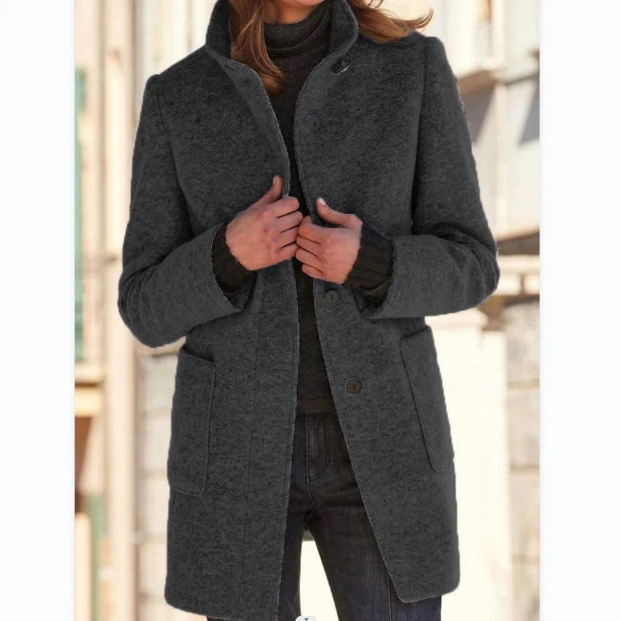 Fashion Stand Collar Woolen Coat With Pockets Fall Winter Casual Button Outwear For Women Clothing 