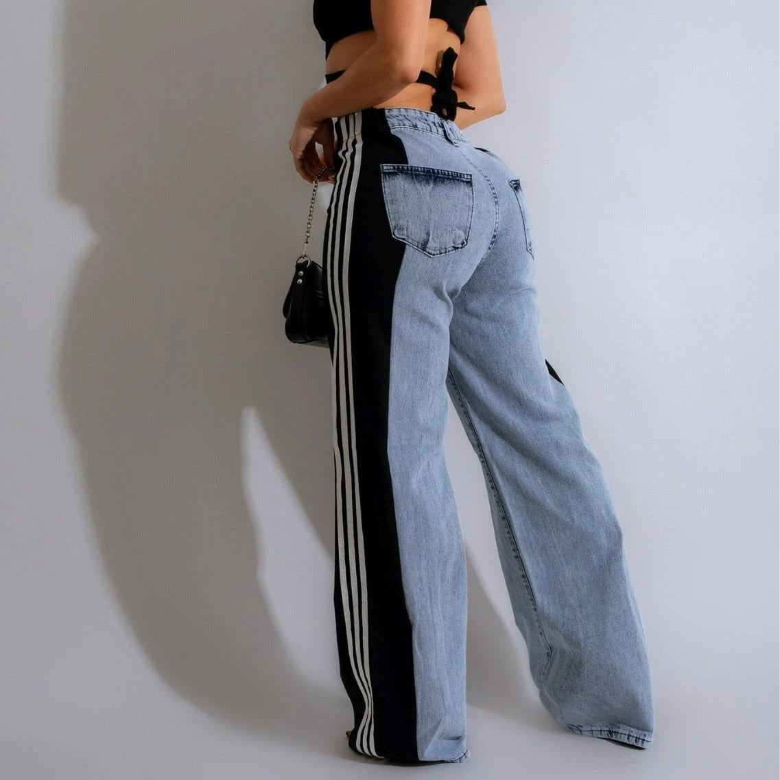 2024 Fashion Casual High Waist Elastic Straight Leg Trousers Three Stripe Patchwork Denim Wide Leg Pants Streetwear 