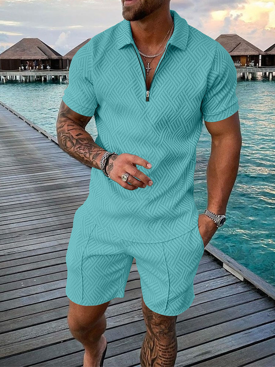 Men's Casual Color Contrast POLO Zip Lapel Shirt Short Sleeve Suit