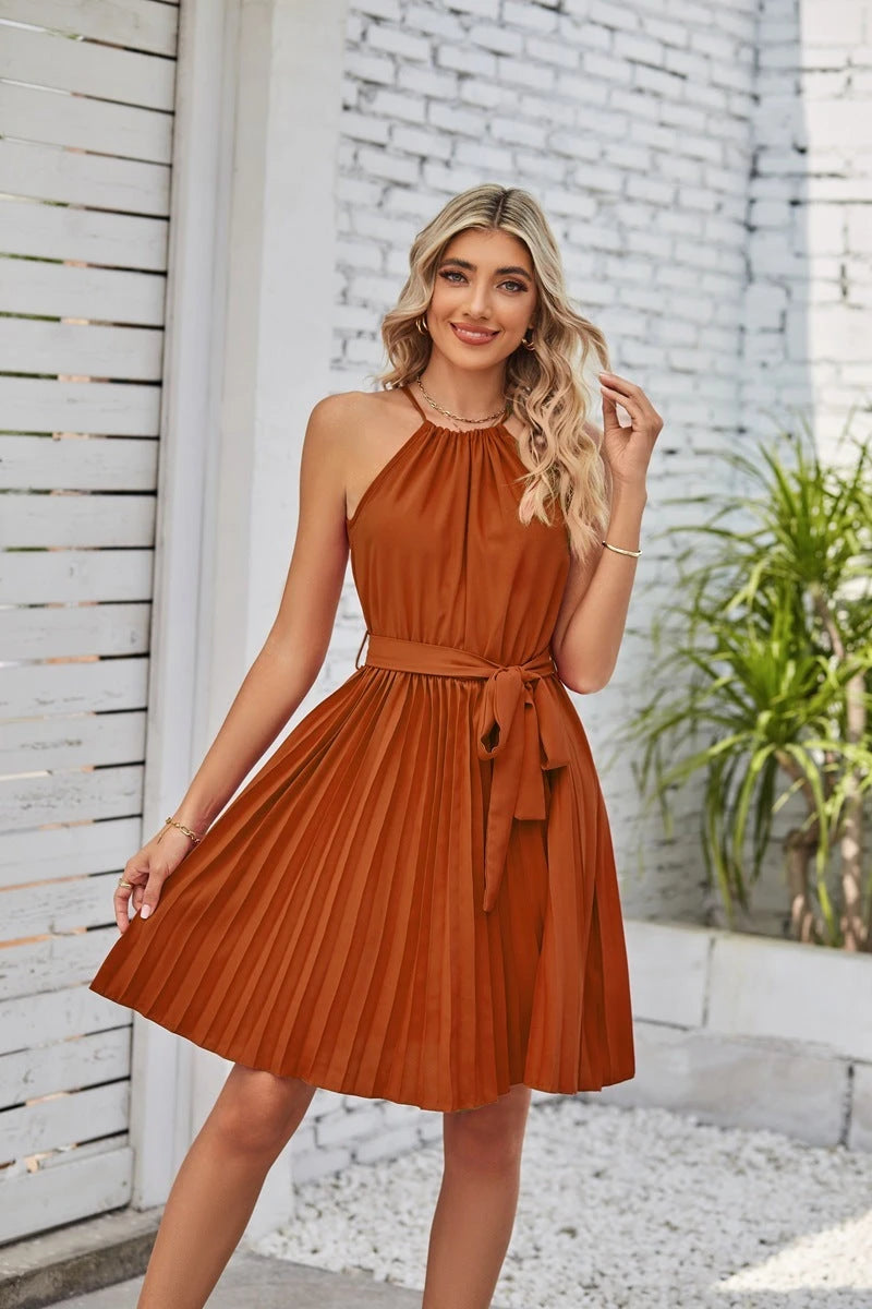 Halter Strapless Dresses For Women Solid Pleated Skirt Summer Beach Sundress 