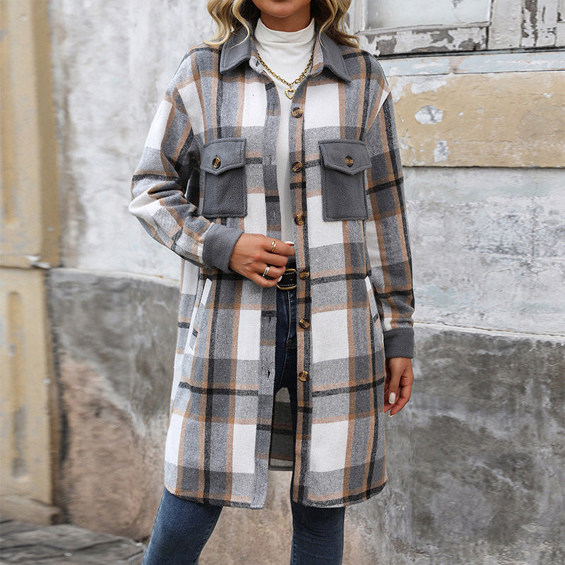 New Brushed Plaid Long Coat With Pockets Fashion Winter Jacket Outwear Women's Clothing 