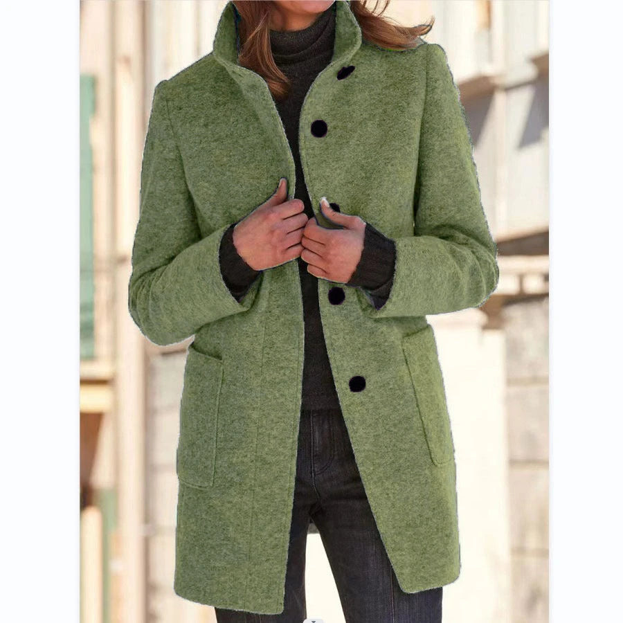 Fashion Stand Collar Woolen Coat With Pockets Fall Winter Casual Button Outwear For Women Clothing 