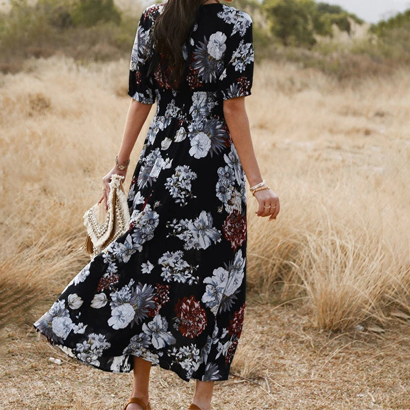 Floral Summer Beach Dress With V Neck Elastic Waist Dresses For Women 