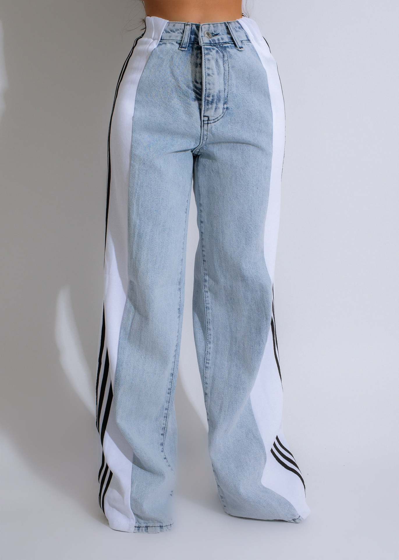 2024 Fashion Casual High Waist Elastic Straight Leg Trousers Three Stripe Patchwork Denim Wide Leg Pants Streetwear 