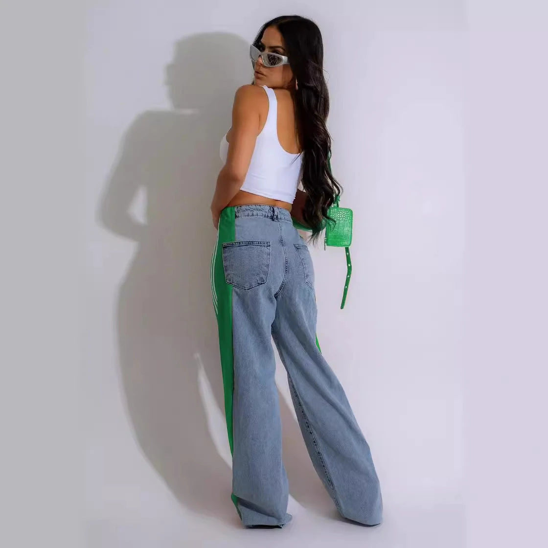 2024 Fashion Casual High Waist Elastic Straight Leg Trousers Three Stripe Patchwork Denim Wide Leg Pants Streetwear 