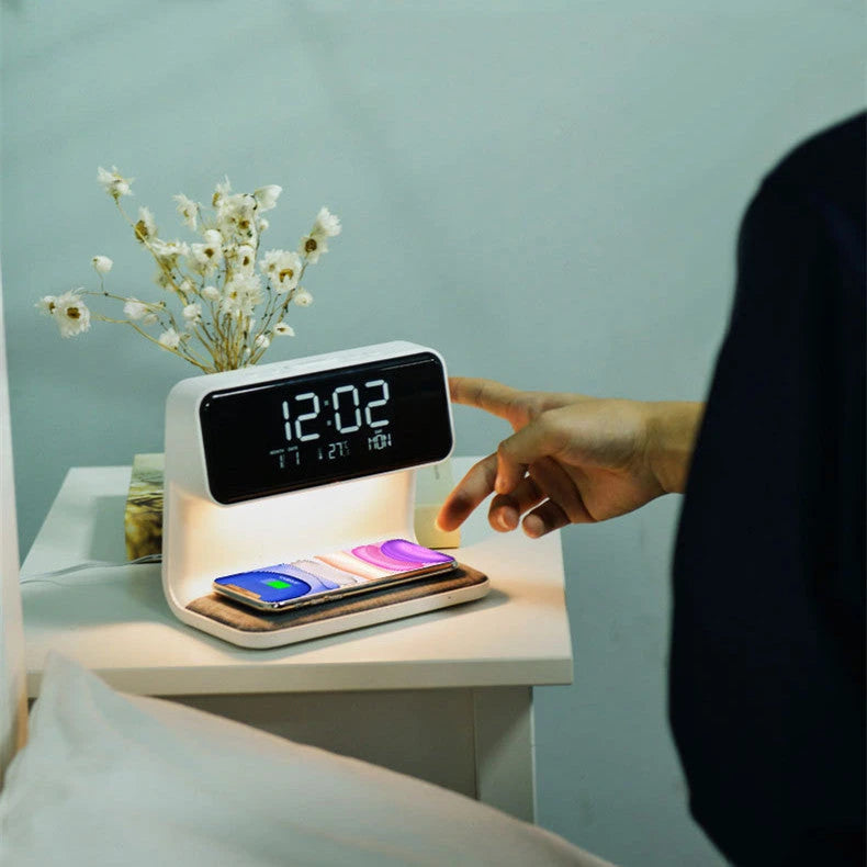 Creative 3 In 1 Bedside Lamp Wireless Charging LCD Screen Alarm Clock  Wireless Phone Charger 