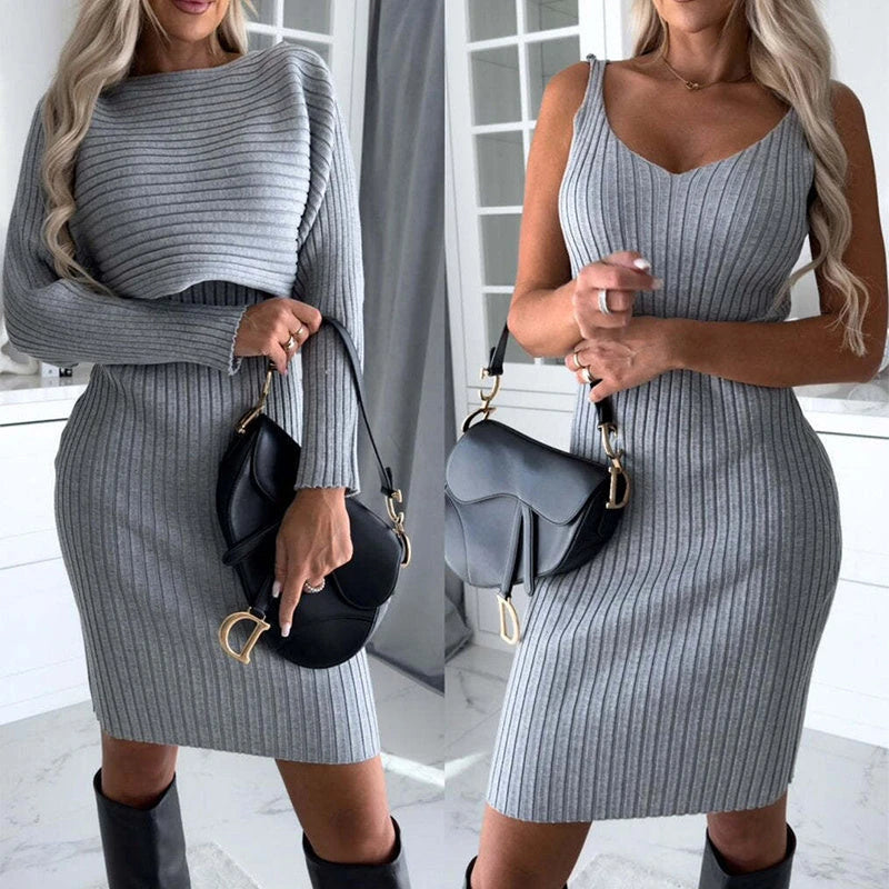 2pcs Suit Women's Solid Stripe Long-sleeved Top And Tight Suspender Skirt Fashion Autumn Winter Slim Clothing 