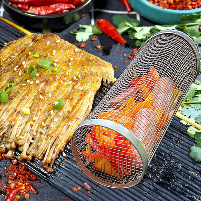 Rolling Grilling Basket Metal BBQ Barbecue Basket Net Portable Outdoor Camping Barbecue Rack Kitchen Gadgets 