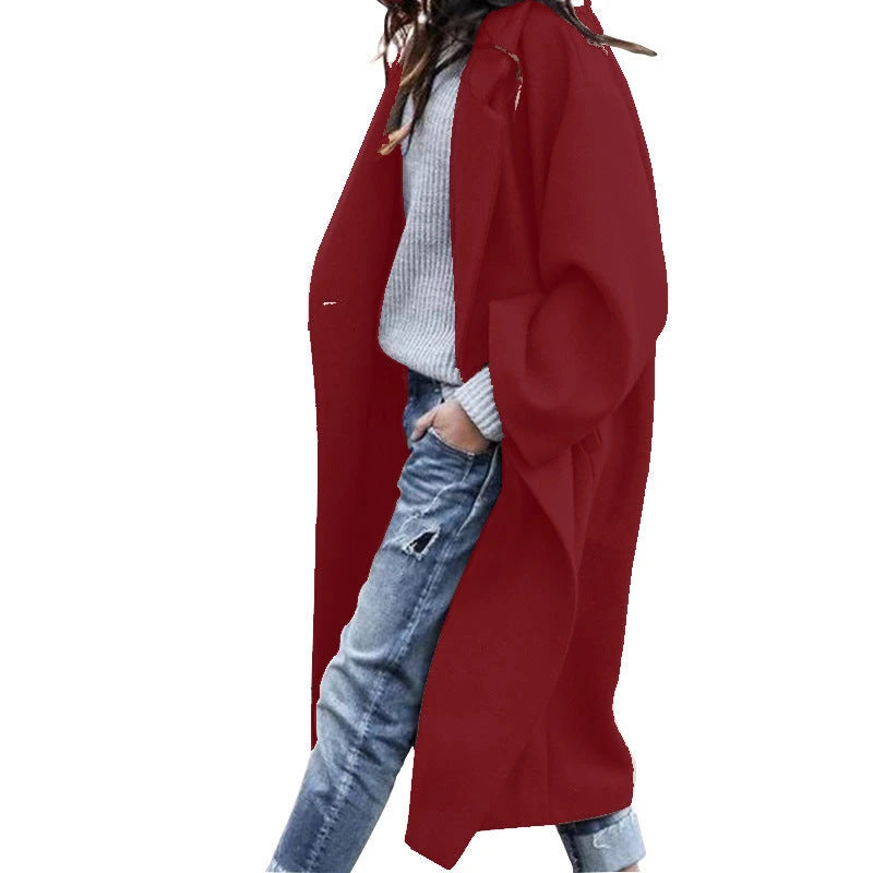 Casual Long Jacket With Pockets Solid Color Single Breasted Lapel Woolen Coat For Women Warm Winter Clothing 