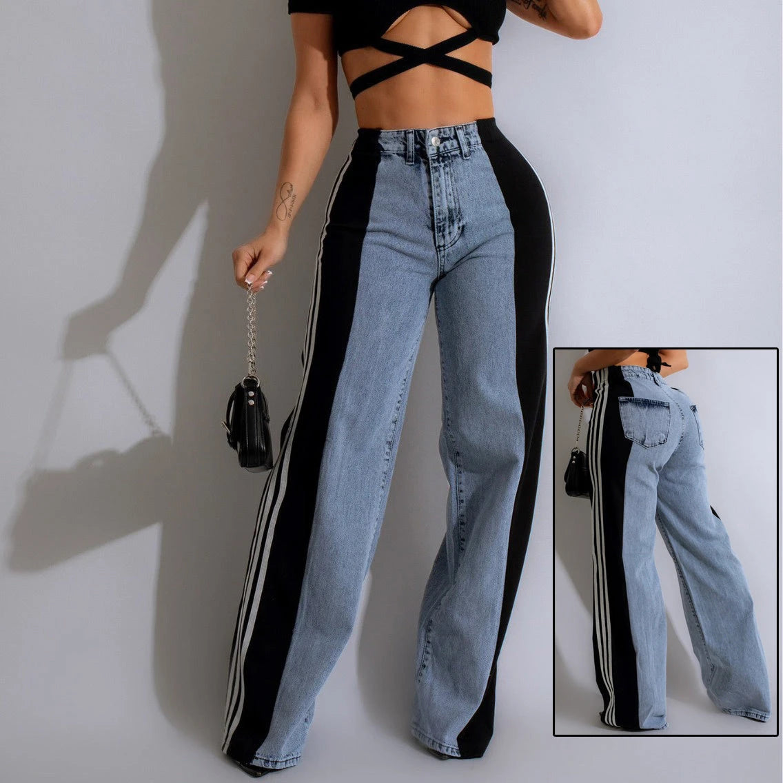 2024 Fashion Casual High Waist Elastic Straight Leg Trousers Three Stripe Patchwork Denim Wide Leg Pants Streetwear 