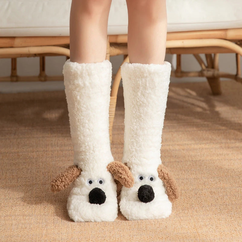 Cute Cartoon Dog Floor Socks Winter Warm Non-slip Plush Socks For Women 