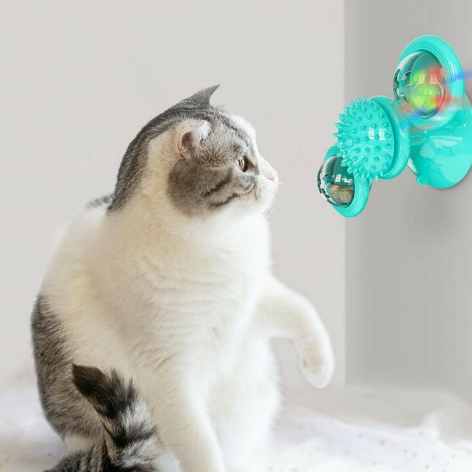 New Windmill Cat Toys Cute Rotating Interactive Cat Toy - Indoor Windmill Cat Toy With Suction Cup Catnip & Jagged Teeth Middle Ball, Smart Kitten Rotating Spinner Exercise Toy, Toothbrush & Massager