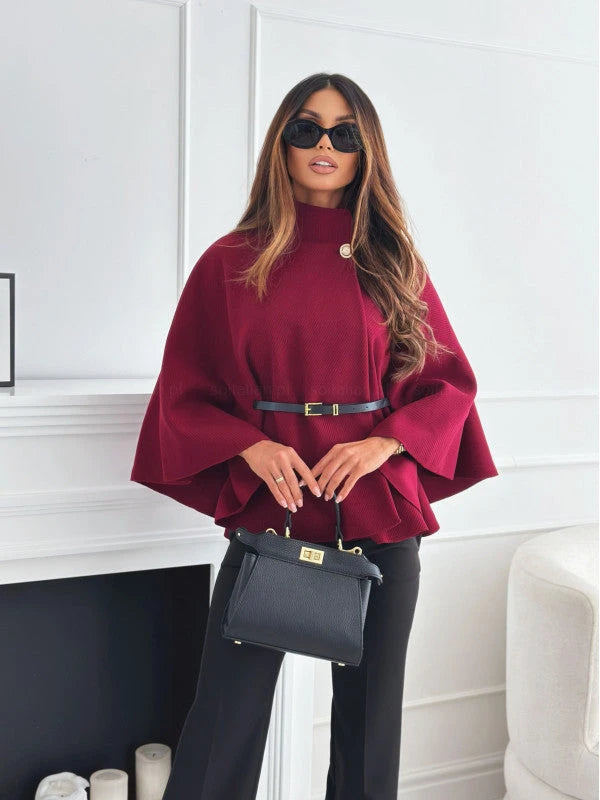 New Stand Collar Batwing Sleeves Cloak Top With Belt Ins Fashion Temperament Jacket Woolen Sweater Outwear For Women Clothing 