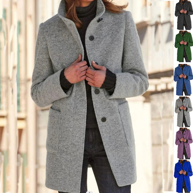 Fashion Stand Collar Woolen Coat With Pockets Fall Winter Casual Button Outwear For Women Clothing 