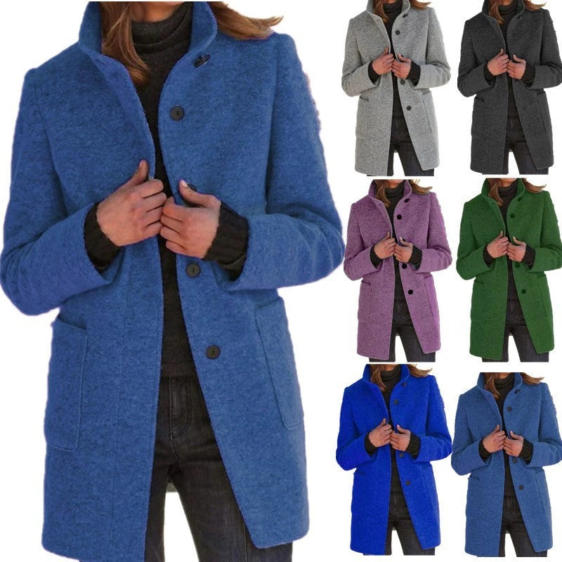 Fashion Stand Collar Woolen Coat With Pockets Fall Winter Casual Button Outwear For Women Clothing 