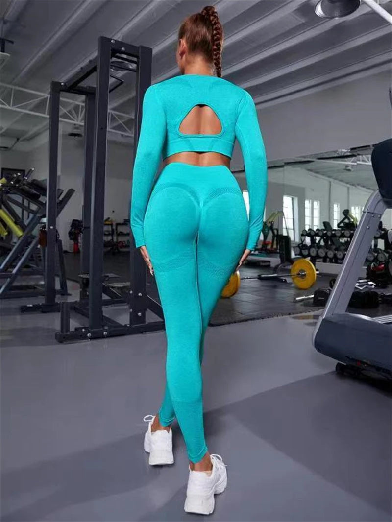 2pcs Sports Suits Long Sleeve Hollow Design Tops And Butt Lifting High Waist Seamless Fitness Leggings Sports Gym Sportswear Outfits Clothing 